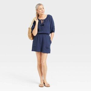 Knox Rose Women's Short Sleeve Gauze Romper - Navy Blue M Medium